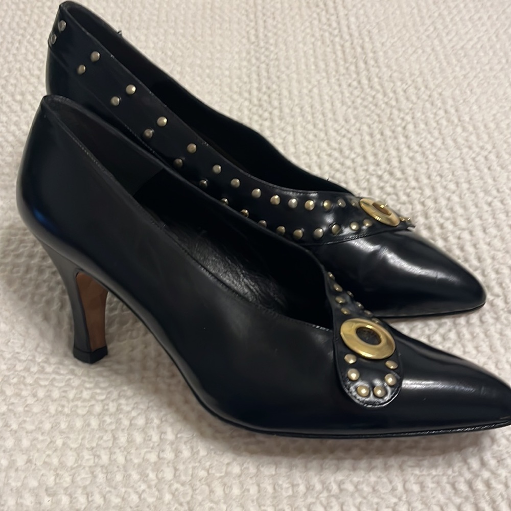 Women’s Nando Muzi Black Heels Size 8.5 Gold Stud Accents Made in Italy Pointed - Picture 3 of 8